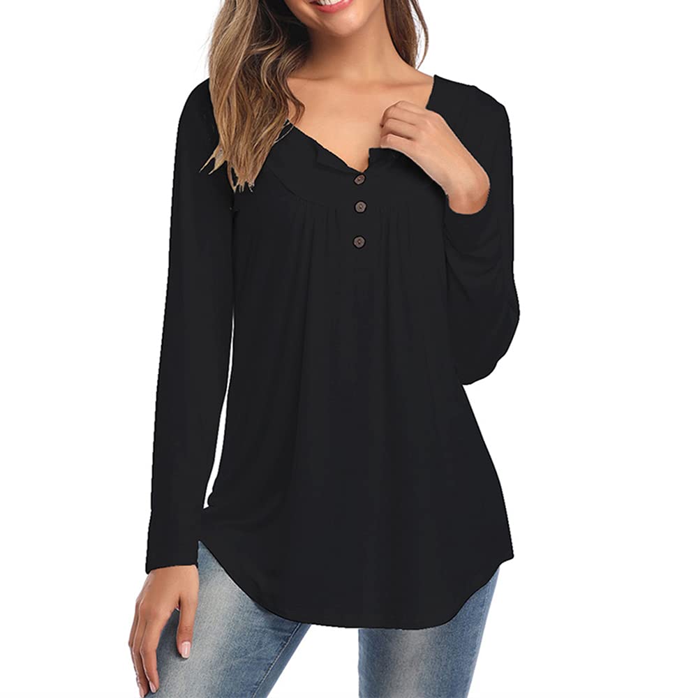 KCatsy Womens Tops Shirt Plus Size Solid Colour Plain Frilled Pleated Smocked Long Sleeve Button V-Neck Loose Blouse