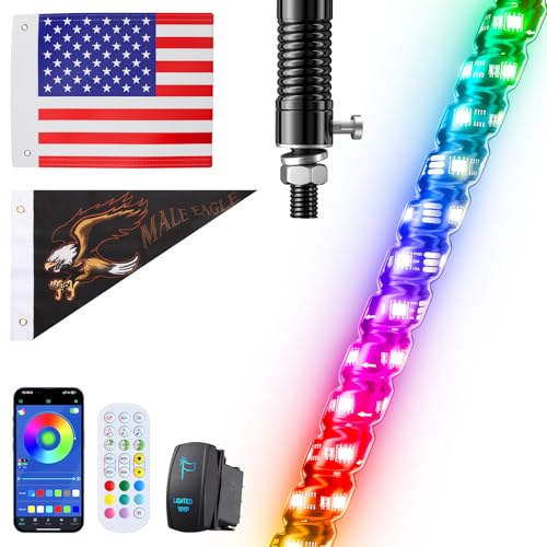 Image of Ehaho 1 PC 2FT Whip Lights with Spring Base, APP & Remote Control Led Whip Lights for Side by Side, Spiral RGB Chasing Lighted Whips with Rocker Switch, Music Led Whips for UTV ATV RZR SXS Can-Am