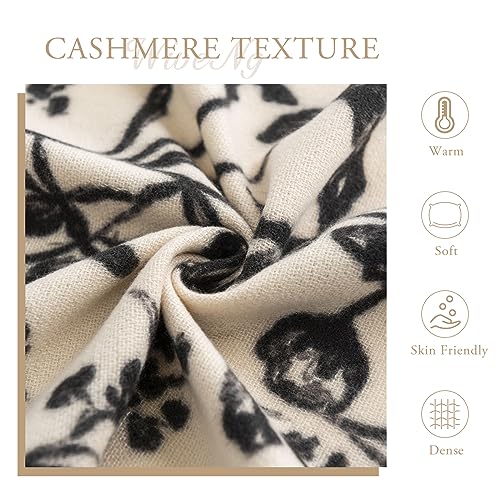 Winter Cashmere Shawl - Women's Ink Flower Pattern Pashmina With Tassel, Long Neck Scarf, Soft Warm Wrap Stole3