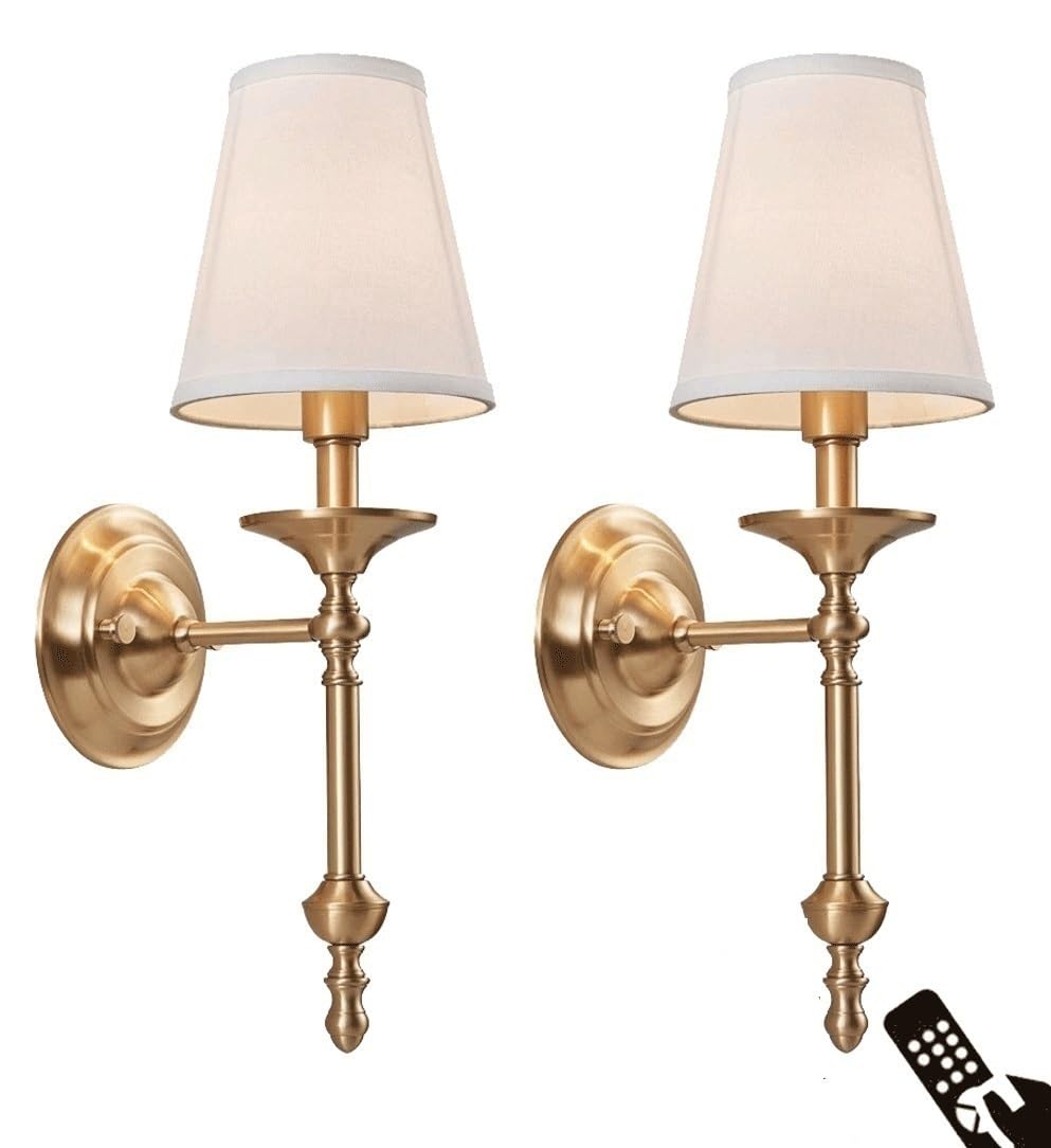 KEFA Rechargeable Battery Operated Wall Sconces with Remotes & Bulbs, American Antique Brass Vintage Fabric Shade Battery Powered Wall Light, No