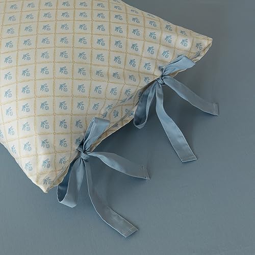 VM VOUGEMARKET Full Duvet Cover with Blue Flower Prints,100% Cotton Bedding Set,Yellow Plaid Grid Comforter Cover with Zipper Closure,80x90 Inch