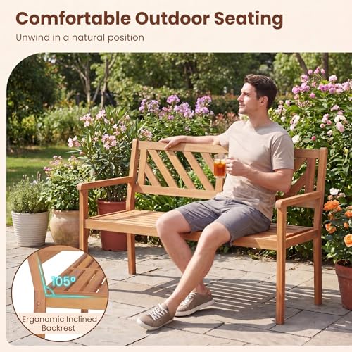 Image of Giantex 2-Person Outdoor Bench, 47 inch Patio Acacia Wood Loveseat with Slatted Seat, Armrests & V-Shaped Backrest, Wooden Garden Seating for Backyard, Porch, Deck, Poolside