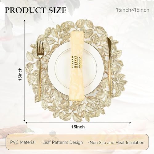 Image of Dakshya Industries Set of 2 PVC Waterproof Round Table Placemats 38x38 cm - Heat Resistant, Non-Slip Dining Table Mats (Gold)