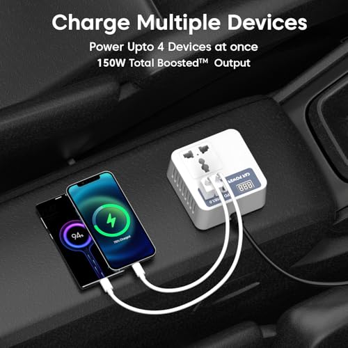 Image of Sounce 150W Car Power Inverter - 12V DC to 220V AC, Dual AC Outlets, 2 USB Ports (3.1A Max) & Type-C Fast Charging, Compact & Safe Laptop Charger for Travel & Camping