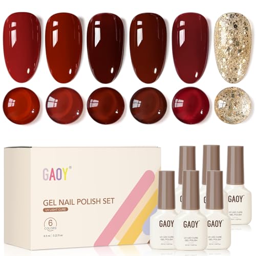 GAOY Burgundy Red Gel Nail Polish Set 6 Colors Dark Ruby Wine Gold Scarlet for Christmas Holiday Soak Off UV Gel Polish for Salon & DIY Nail Art at Home