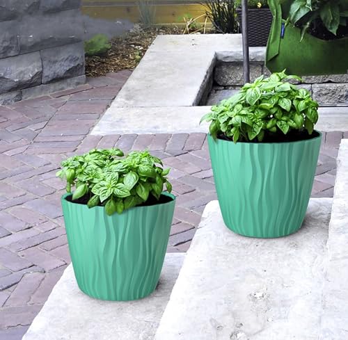 StyleX Store Plastic Round Flower Pots with Drainage Hole Saucers | Durable Outdoor Indoor Wave Pattern Planters with Tray | Plant Container for Balcony, Garden, and Home (Set of 5, Green Pale Teal)