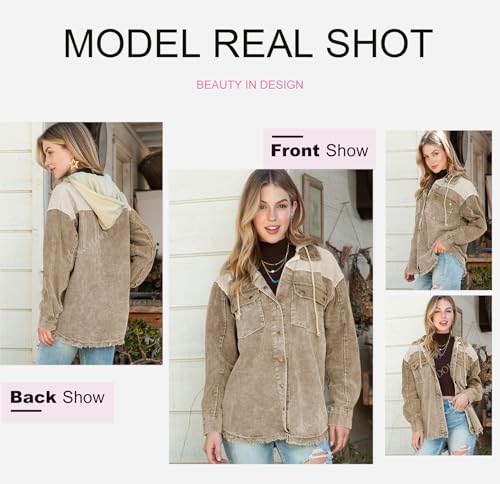 Dokotoo Womens 2024 Fall Corduroy Shacket Jacket Long Sleeve Button Down Color Block Hooded Coat with Pockets - Image 5