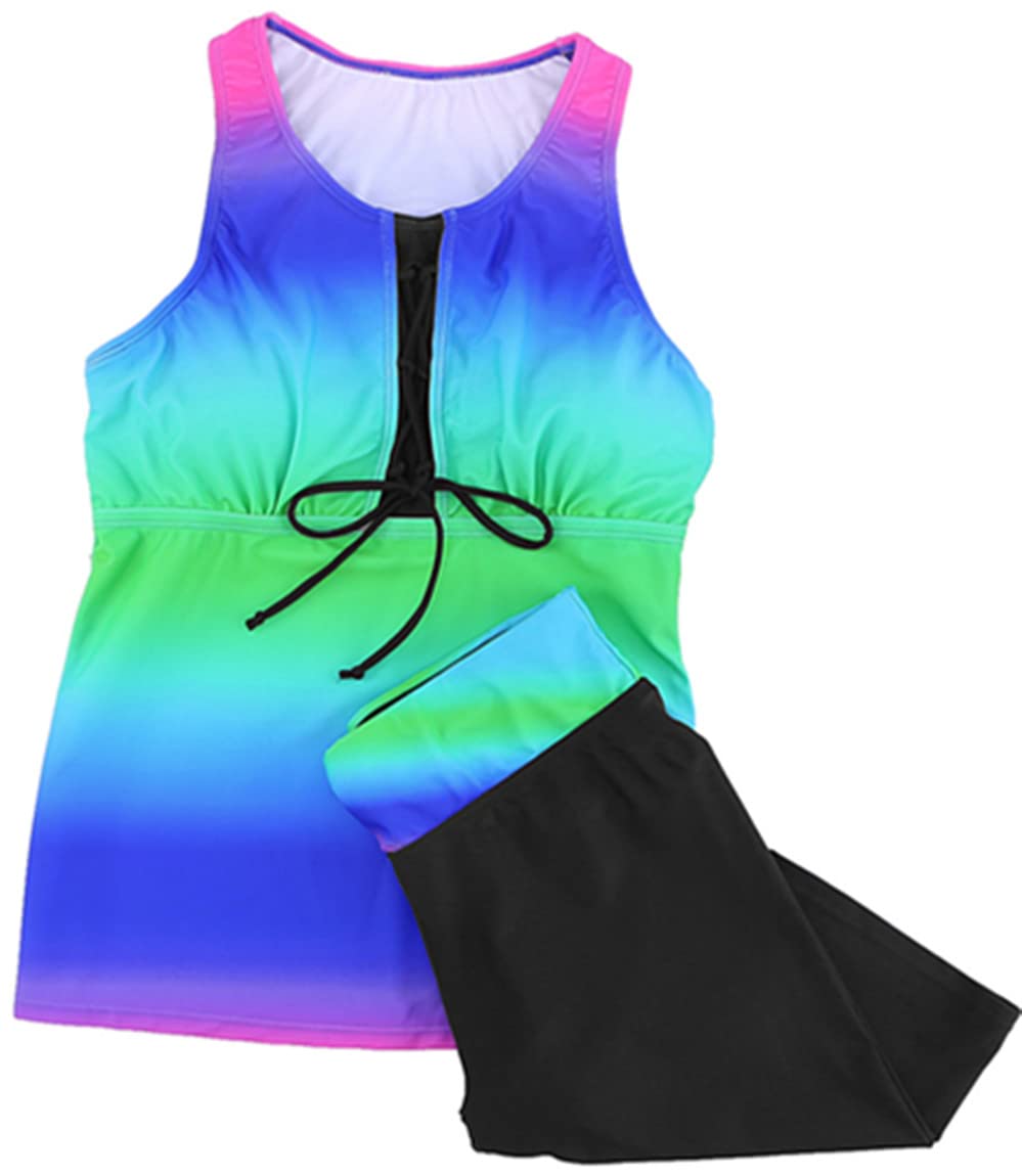 Ocean Plus Femme Deux Pièces X-Back Conservateur Tankini Set avec des Hotpants Noirs Shorts Maillot de Bain Rayé avec des Sangles Short de Bain