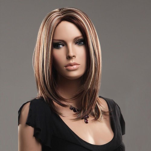 Liz Wig Heat Friendly Medium Long Straight Monofilament Lolita Princess Cosplay Party Hair Wig 17" 43cm (Brown w/ Gold Highlights)