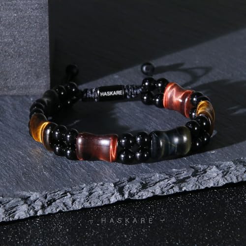 HASKARE Healing Crystals Tiger Eye Bracelets for Men, Mens Jewelry Beads Protection Crystal Tigers Eye Bracelet, Genuine Stone Bead Bracelet Anxiety Relief Drawstring Flatbead Bracelets Gift for Him3