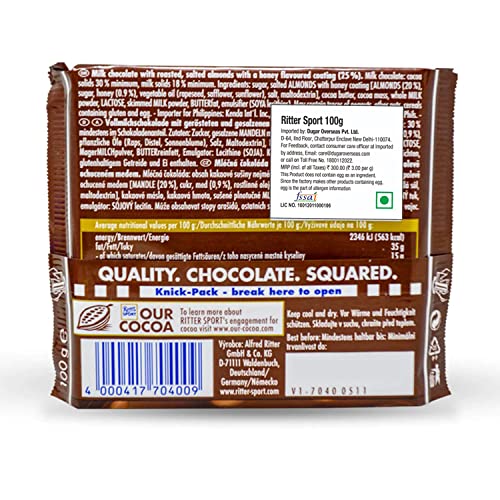 Image of Ritter Sport Honey Salt Almonds 100g (Pack of 2) Ritter Sport Chocolates Nut Selection, product of Germany, milk chocolate with honey, sea-salt, and almonds | Nutritious and Nutty Crunch