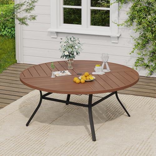 Image of VICLLAX 63 inch Round Outdoor Table, Patio Dining Table for 8-10 with Umbrella Hole for Garden Lawn Deck Backyard, Walnut