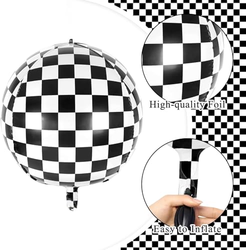 Image of 12 Pcs Checkered Balloons, 22 Inch Checkered Round Foil Balloons, Black and White Checkerboard Mylar Sphere Balloons for Race Car Birthday Party Decorations Supplies (12 Pcs)