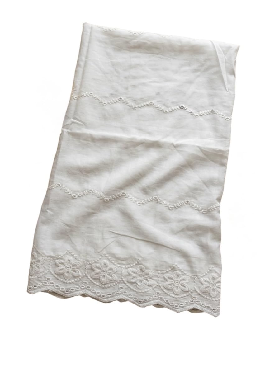 White Pure Cotton Chikankari Embroidery Dupatta with Scalloped Floral Border, Ethnic Wear-picture-36