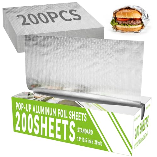 Aluminum Foil Sheets - 200 Count Pre Cut Tinfoil 12 x 10.5 Inch Pre Cut Foil Sheets for Food Hot Dog or Sandwich Wrap Food Storage Baking Catering Restaurant Kitchen Use