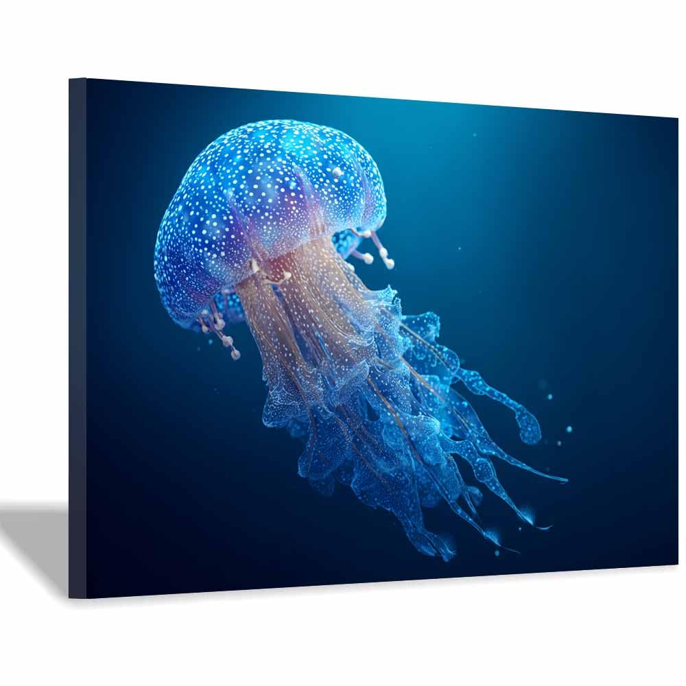 HUYEEI Canvas Wall Art Beachs Spotted Jellyfishs marine animals Seascape Vintage Artwork for Seaside Livings Room Bedroom Bathroom Decor(blue)-60x90cm Framed