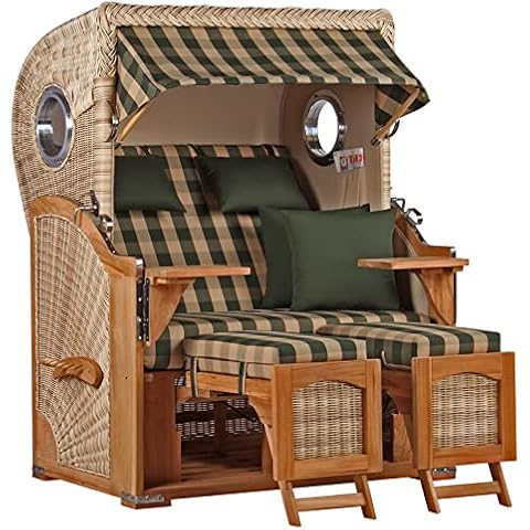 Strandkorb Teakholz Volllieger Strandstuhl Liegestuhl PE Geflecht Shell Düne TEAK Bullauge inkl. 4 Kissen+Wechselpolster - Strandkörbe aus Teak für Garten, Wintergarten und Terrassen (Dessin 506) Cover