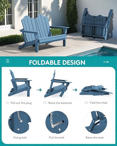 Image of SERWALL 3 Pieces Patio Adirondack Bench Set, 2 Folding Adirondack Bench and 1 Coffee Table Set for Front Porch Garden Balcony Backyard, Navy