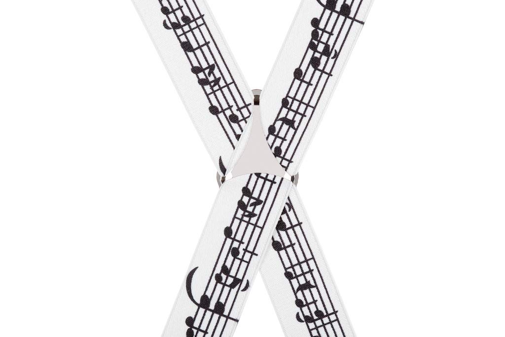 Bretelle per pantaloni musicali, larghezza 35 mm, elastico, 4 clip argentate, design e dimensioni assortite, note musicali, tasti pianoforte, tastiera, clip on