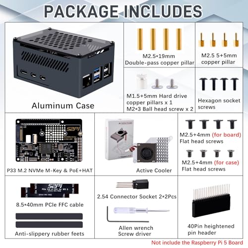 Image of GeeekPi P33 M.2 NVME M-Key PoE+ Hat with Official Pi 5 Active Cooler and Aluminum Case for Raspberry Pi 5, Support M.2 NVMe SSDs 2230 /2242 /2260 /2280