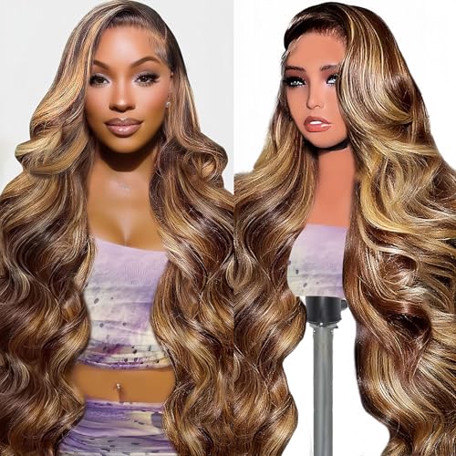 Tobeallo 30 Inch Honey Blonde Wig Human Hair Ombre Highlight 13x6 HD Lace Front Wigs Human Hair Pre Plucked 200 Density Body Wave HD Lace Frontal Wig 13x6 4/27 Lace Frontal Glueless Wigs for Women