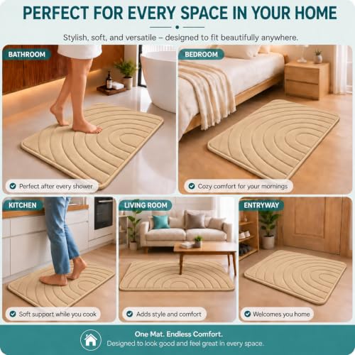 Image of Premium Memory Foam Bath Mat | 40x60cm Super Absorbent Velvet Bathroom Rug | Non-Slip Machine Washable Floor Mat (Sand Camel)