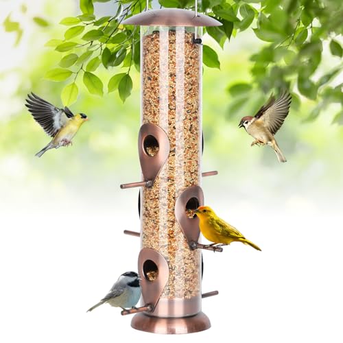 FEED GARDEN Metal Bird Feeders for Outdoors Hanging, 6-Port Tube BirdFeeders for Outside, Finch Feeders for Outside, Brushed Copper Finishing, Bird Feeder with Heavy Duty Metal Lid, Chew-Proof 1 Pack