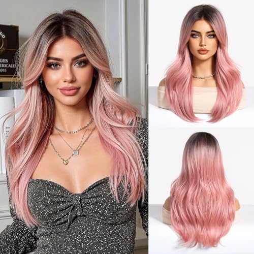 Esmee Long Straight Pale Pink Wig for Women with Curtain Bangs Natural Synthetic Hair Ombre Wigs for Daily Party Use