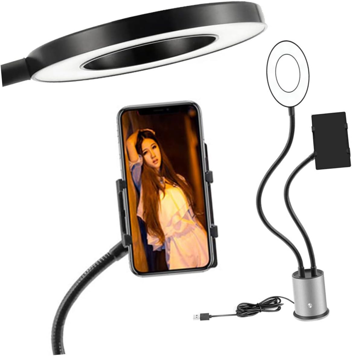 3-Color Selfie Ring Light Phone Holder Stand for Live Streaming and Makeup Adjustable Height Compatible with Smartphones Portable LED Lighting for Beauty and Video Calls