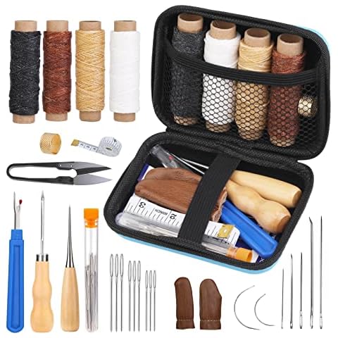 JUAYING Leather Sewing Kit, Upholstery Repair Kit Includes Wax Thread, Sewing Awl, Leather Sewing Needles of Various Sizes, and Seam Ripper, Leather Stitching Kit for Beginners or Leather Craft DIY Cover