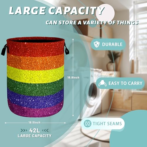 Image of Shiny Rainbow Laundry Basket Oxford Cloth Foldable Hamper 18.9x16.5 Inch | With Handle Tote Bag Colorful Laundry Hamper Clothes Storage Bucket Toy Organizer For Bathroom /Laundry /Bedroom