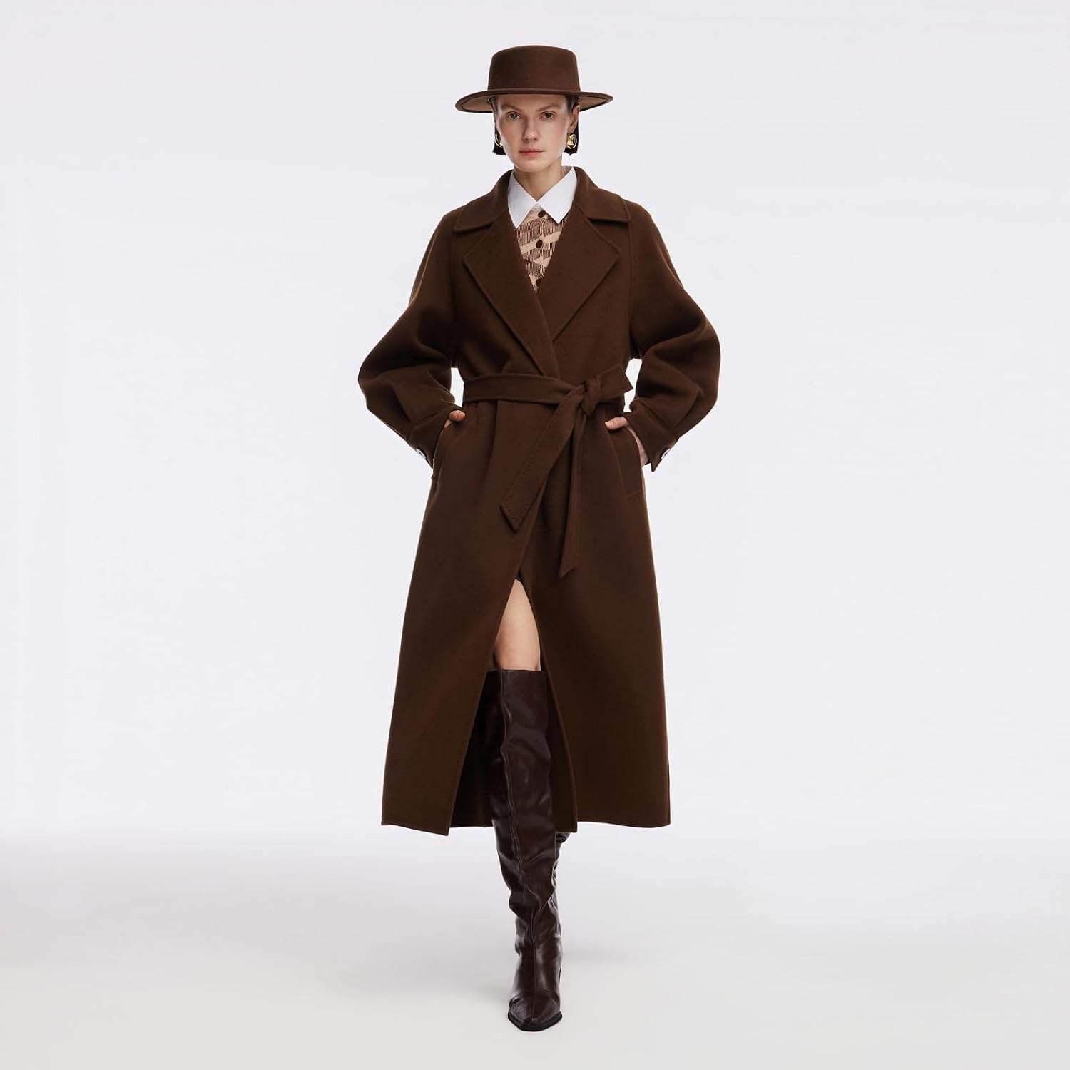 GOELIA Women's Coats Cashmere Wool Long Double-Faced Long Sleeve Plus Size Pea Coat With Belt Winter Trench Coats Overcoat