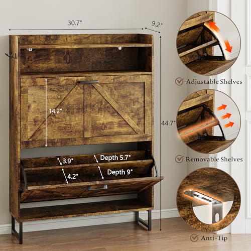 Image of BORNOON Shoe Cabinet with 2 Flip Drawers Narrow Shoe Storage Cabinet Organizer Wooden Freestanding Rack Hidden Slim Storage for Entryway, Hallway, Living Room, Bedroom (Brown)