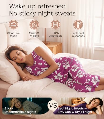 Image of NACHILA Pajamas for Women-Viscose Made from Bamboo, Sleeveless Pjs Tank Top Capri Pants Pajama Sets Cooling Sleepwear