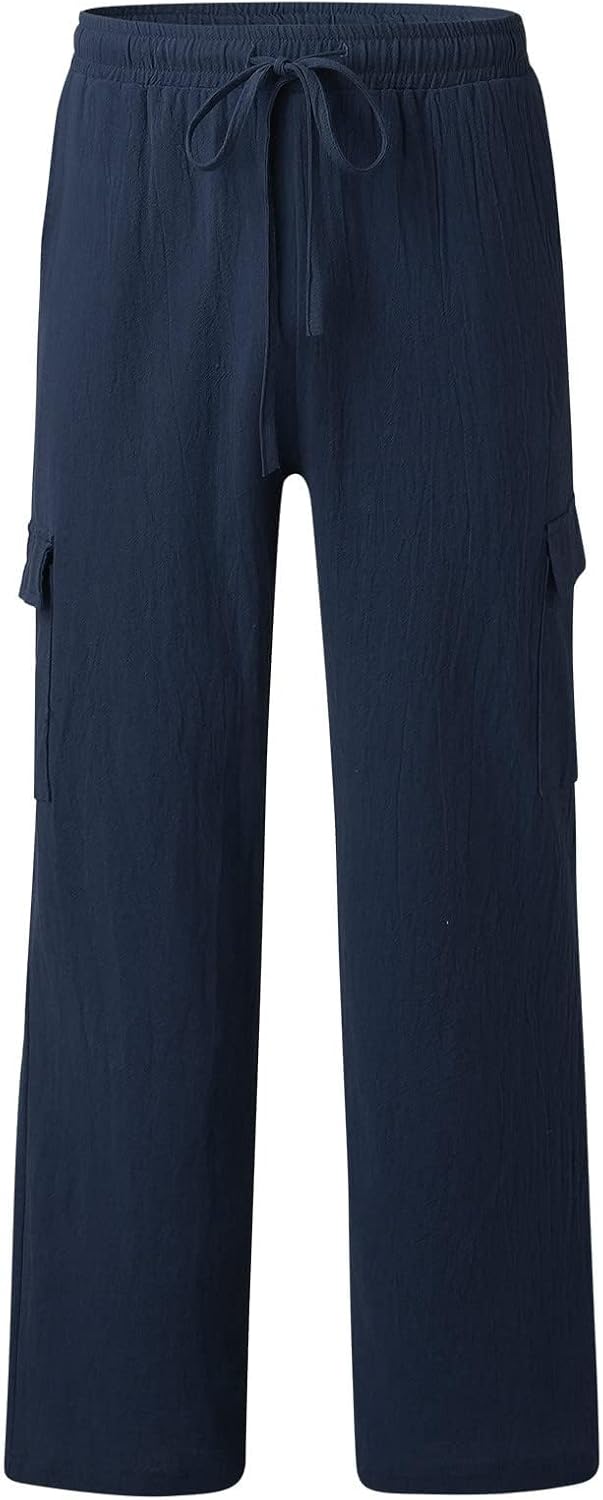 Cotton Linen Pants for Men Mid Waist Drawstring Pants Plain Breathable Yoga Trousers Baggy Beach Trouser with Pockets