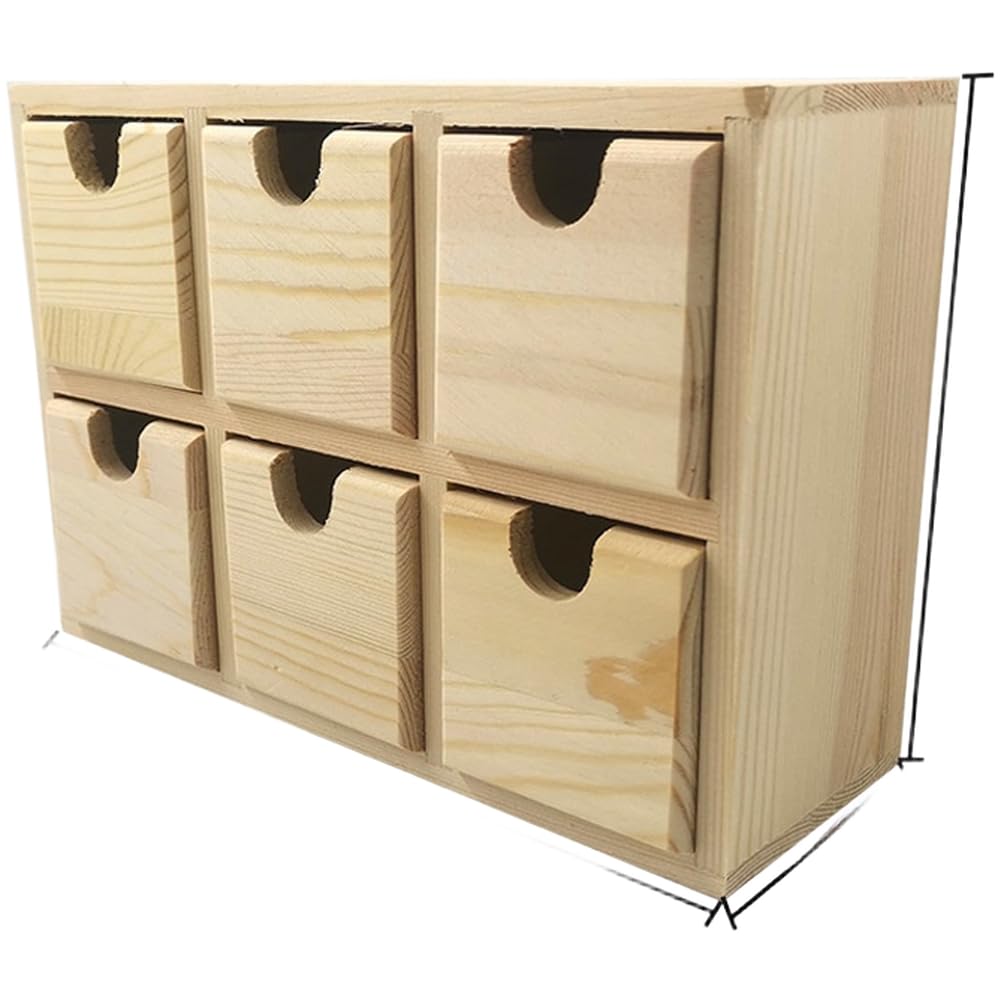 EaseSunny Wooden Storage Box with 6 Drawers and Sliding Lid, Natural Wood Desktop Organizer for Home Office, Compact Multi-Compartment Jewelry Holder