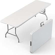 Our Modern Space 8 Feet Foldable Table with Built in Handle &amp; Steel Legs | Heavy Duty Portable | Perfect for Party, Dining, Wedding, Events, Picnic Indoor, Outdoor, Camping, Utility, Temporary