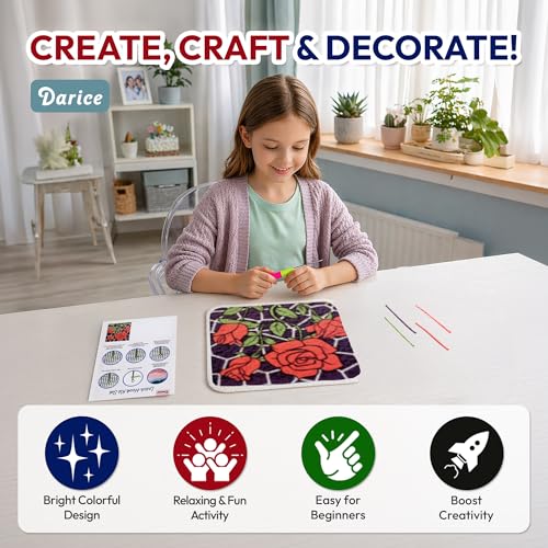 Image of Darice Latch Hook Rug Kit, Roses Design DIY Latch Hook Kit for Kids & Adults, Color Canvas, PreCut Yarn & Hook Tool, Craft Activity & Gift for Kids