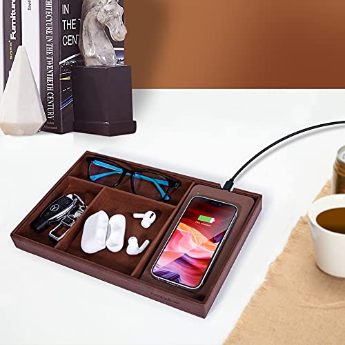 Valet Tray, Built in Wireless Charging Pad, Nightstand Organizer, Dresser Organizer, Mens Jewelry Box, Valet Charging Station, Faux Leather Valet Tray for Men and Women,Dark Brown - Thumbnail 4