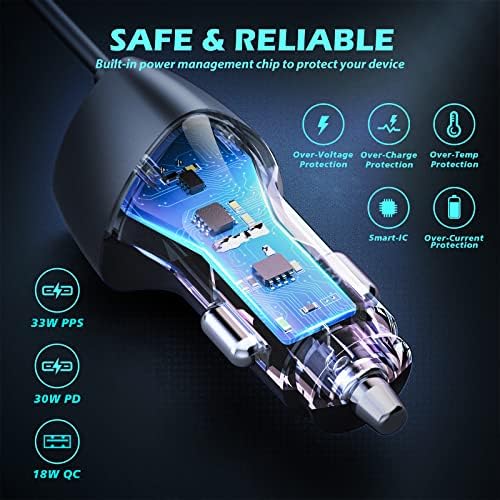 SUNDAREE Car Charger USB C Cable,51W PD QC PPS Type C Phone Fast Charge 1.8M Spring Cable Automobile Cigarette Lighter Adapter for Samsung A53/POCO M4/OPPO A74/iPhone 14/Redmi note 12/Google/Oneplus