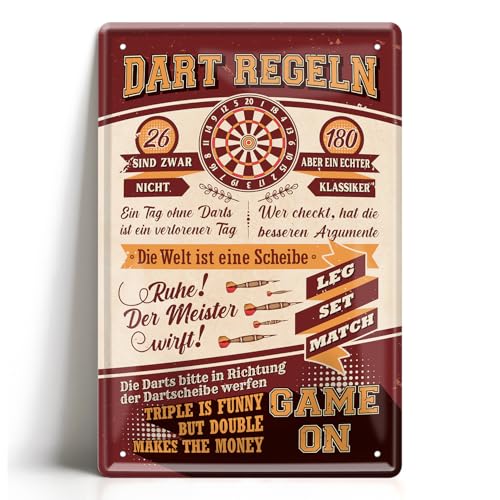 Blechschild Dartregeln 20x30cm - Dart Deko Dartscheibe Steeldartscheibe Dartautomat - Dartzubehör Wandschild Vintage - Geschenk Dartspieler Dartfans Partykeller (Regeln 1)