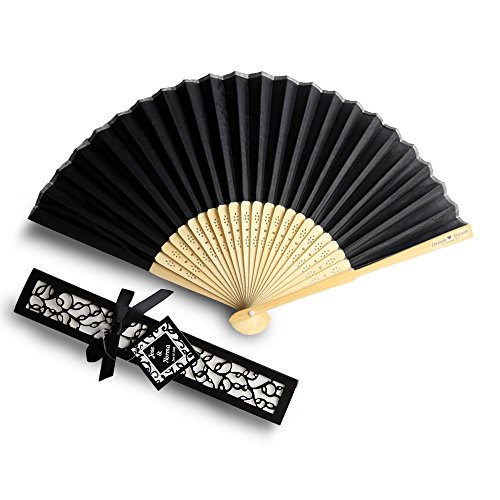 DORIS HOME 50pcs Black Silk Bamboo Handheld Folded Fan Wedding Favor Fan with Laser Cut Gift Box for Bridal Gift Party Favors Customized