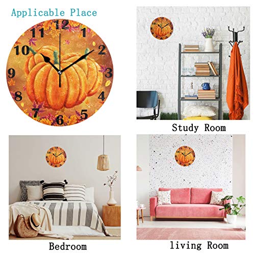 Pfrewn Autumn Pumpkin Maple Lraf Wall Clock Silent Non Ticking Fall Harvest Clocks Battery Operated Vintage Desk Clock 10 Inch Quartz Analog Quiet Bedroom Living Room Home Decor thumb #2