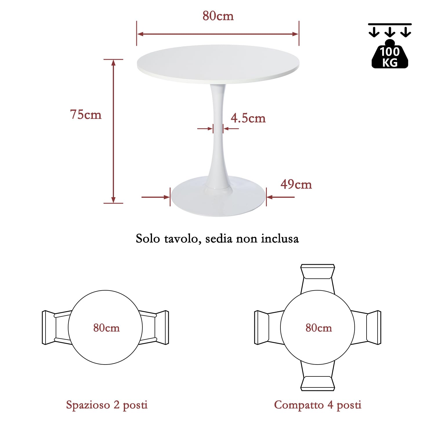 MEUBLE COSY Tavolo da Pranzo Rotondo da Cucina, Stile Scandinavo, per 2-4 Persone, Struttura in Metallo, Bianco, 80x80x73cm