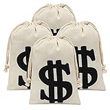 Eoocan 4 Pack Canvas Natural Money Bag Pouch with Drawstring Closure for Party Favor, 6.3 x 9 Inches Money Bags Dollar Sign for Bank Robber Pirate Cowboy Halloween Cosplay Theme Party