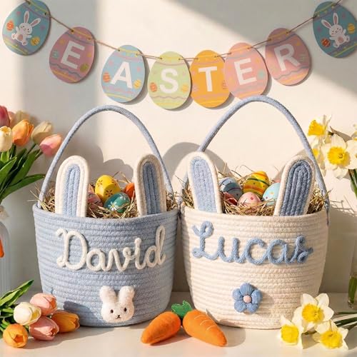 Personalized Embroidered Baby Easter Basket with Name Custom Bunny Baskets Egg Hunt for Kids Baby Easter Gift Egg Hunt Basket for Kids Boys Girls A3
