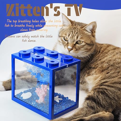 Image of Small Betta Fish Tank, Mini Fish Tank Aquarium Tank Kit with Blue Gravel & Resin Decorations, 0.6 Gallon Stackable Fish Bowl Tiny Desktop Aquarium for Sea Monkey Shrimp (Blue)