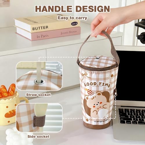 Image of HASTHIP Water Bottle Bag Thermal Drink Carrier Bag Cartoon Cup Bottle Cooler with Handle, Thermal Takeaway Drink Insulation Tote with Zip-up Top & Straw Hole
