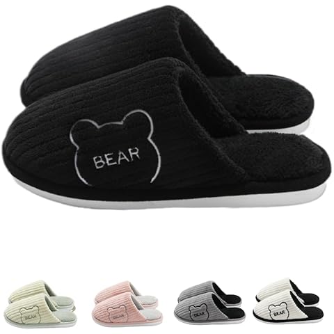 KIJISU House Slippers for Bedroom Bear Soft Warm Slip-on Slippers, Cozy Indoor Outdoor Home Slippers (9-10 Women/7.5-8.5 men,black,9,Women,10,Men,Medium,7.5,8.5) Cover