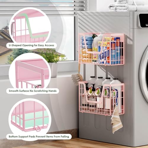 Image of Pink Magnetic Shelf for Fridge, 2 Set Magnetic Fruit Baskets for Refrigerator Magnet Shelves, Potato and Onion Storage Bins, Magnet Holder Wire Basket for Laundry Room Pantry Kitchen Organizer